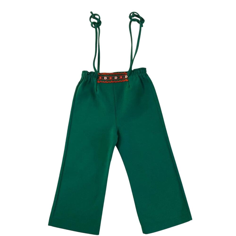 Vtg 2T Green Overall Kmart Pants, Holiday, Boho, Hippie, Embroidered Flowers